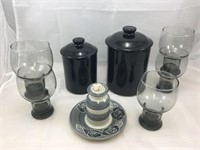 Black Canisters, Oil Lamp, 5 Black Glasses