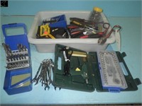 Tub w/ Socket  Set, drill bits, Tin Snips, Screws,