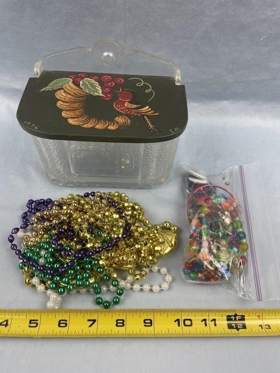 Glass and Wood Box, Mardi Gras Beads,