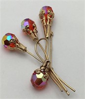 Costume Brooch W Red Glass Beads