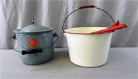 Vintage Enamel Water Bucket with dippers +