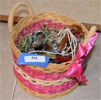 Assortment of Costume Jewelry in Basket