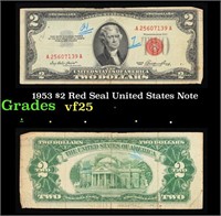 1953 $2 Red Seal United States Note Grades vf+