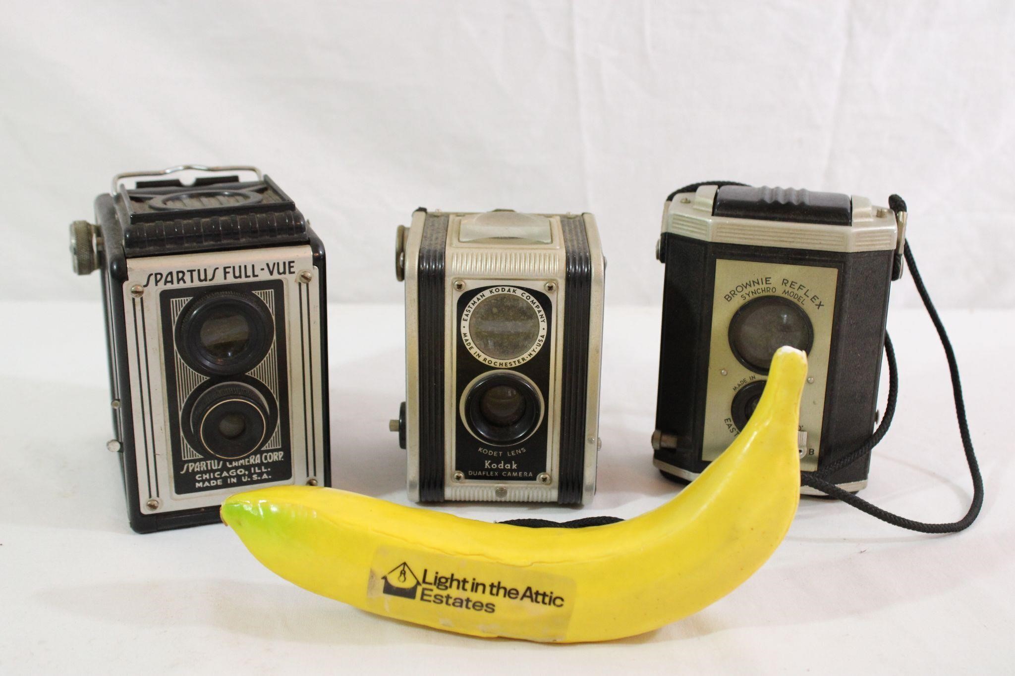 3 Vtg. Kodak Brownie, Duaflex, Spartus Cams