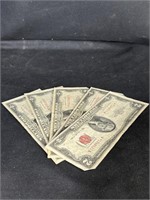 Lot of 5  1953B Two Dollar Bills Red Seal, Circula