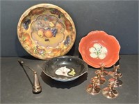Metal Fruit Bowl, 2 Floral Bowls, Candle Holders a