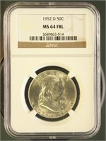US Coins 1952-D Franklin Half Dollar MS64FBL NGC