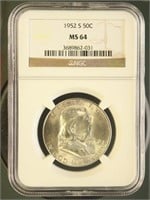 US Coins 1952-S Franklin Half Dollar MS64 NGC