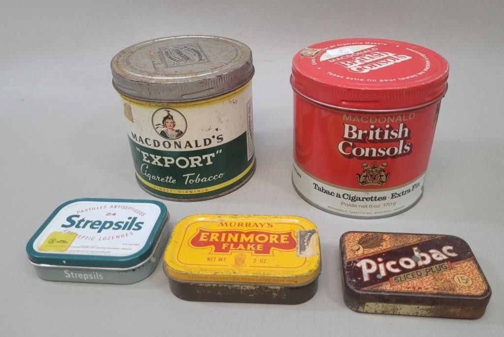 5 Tobacco Tins vtg