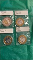 4 Casino Tokens w/Silver Center