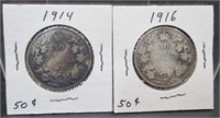 1914 & 1916 CANADIAN SILVER FIFTY CENTS