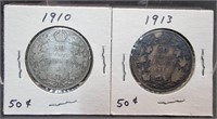 1910 & 1913 CANADIAN SILVER FIFTY CENTS