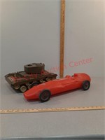 Lot of vintage toy tank and racecar
