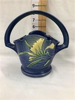 Roseville Pottery 391-8 Freesia Basket, Blue, 8”T