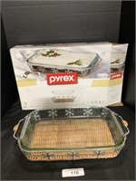 Glass Pyrex Casserole Dish, Wire Snowflake Basket.
