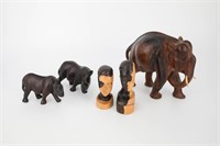 5 African Wood Hand Carved Animal & Human Figures