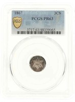 1867 US 3 CENT SILVER COIN PCGS PR63