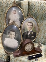 3 Antique Portraits, Ingraham 8 Day Mantel Clock