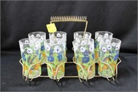 SET OF 8 DAISY JUICE GLASSES IN WIRE CARRIER -