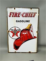 vintage enamel Fire Cheif Gasoline sign - 12" w