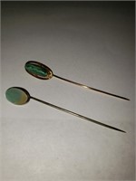 2 VINTAGE STICK PINS - MOTHER OF PEARL AND GREEN