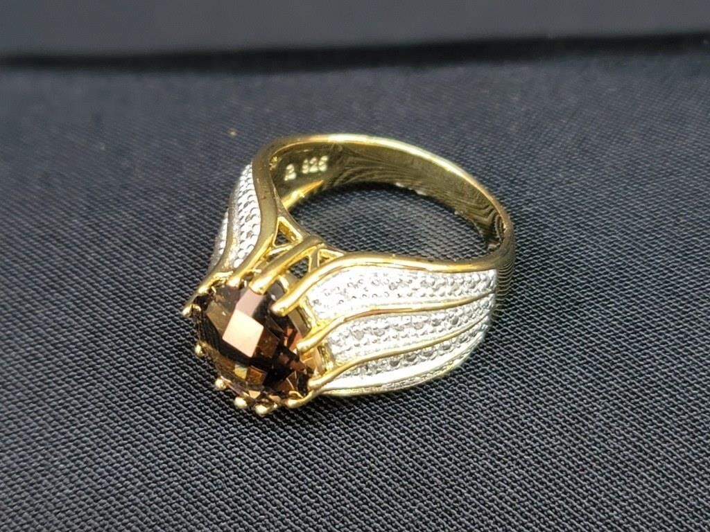 18k Gold Over SS Smoky Quartz & Diamond Ring
