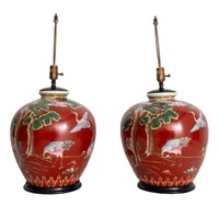 Chinese Style Red Ground Ovoid Vases as Lamps, Pr