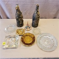 Lot of Assorted Ash Trays & 2 Bottles