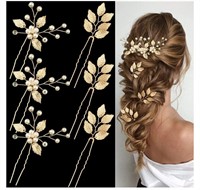 Wedding Hair Pins Gold Leaf Crystal Pearl - 12Pk