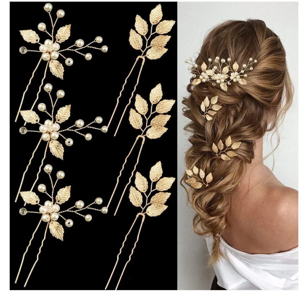 Wedding Hair Pins Gold Leaf Crystal Pearl - 12Pk