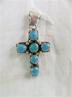 STERLING CROSS PENDANT WITH TURQUOISE STONES 1.5"