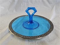 Vintage Blue Sterling Rimmed Serving Tray