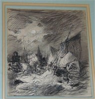 Eugene Deshayes, "Ships in an Storm" Drawing