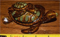 Glazed Art Pottery Sea Turtle w/ Baby Figurine