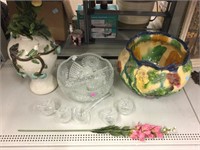 Vintage majorica pottery and glass punchbowl set.