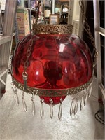 Victorian Red Hanging Lamp with Brass Accents