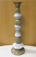 Cast Brass & Carved Stone Pillar Candle Holder 25"