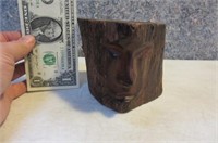 unique Wooden 5" Carved head Ashtray Petrified?