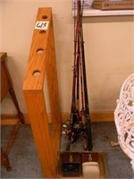 Group of fishing Rods w/Reels and Oak Stand