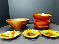 WOODEN BOWLS + 3 - SMALL MAJOLICA BOWLS