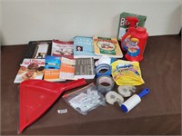 Cleaners, laundry soap, tape, books, etc