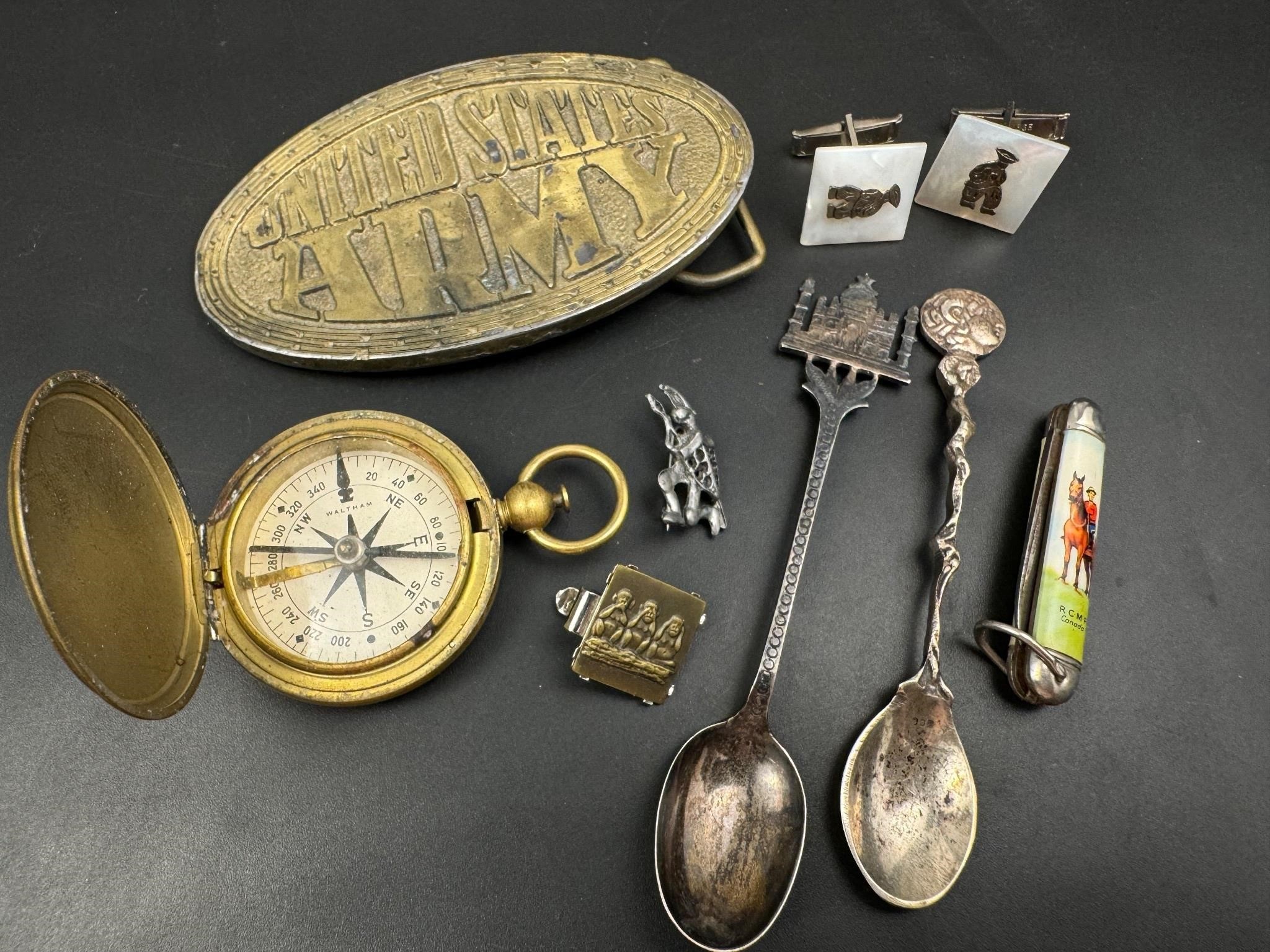 US military compass, 800 spoon, belt buckle more