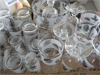 box of silver leaf goblets, juice glasses and ice