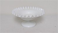 MILK GLASS RUFFLED CANDY BOWL - HAS BEEN REPAIRED