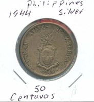 1944 Philippines Silver 50 Centavos