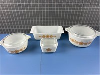 4X PYREX GLASS WHITE FLOWER BOWLS W/ LIDS