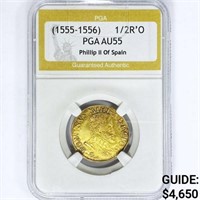 1555 1/2R'O 3.4g Gold Phillip II Spain PGA AU55