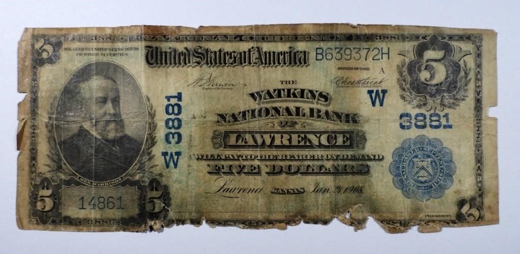 1902 $5 NATIONAL CURRENCY LAWRENCE KS