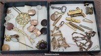 Victorian jewelry, buttons, 2 keys