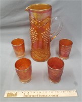 Carnival Glass Pitcher & Tumblers